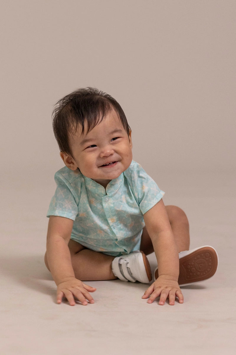 Mandarin-collared Romper - Teal Plaid Tiles