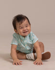 Mandarin-collared Romper - Teal Plaid Tiles