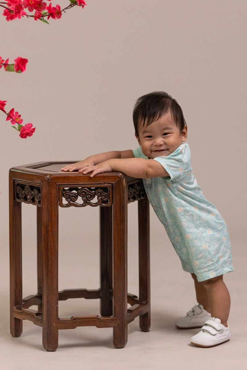 Mandarin-collared Romper - Teal Plaid Tiles