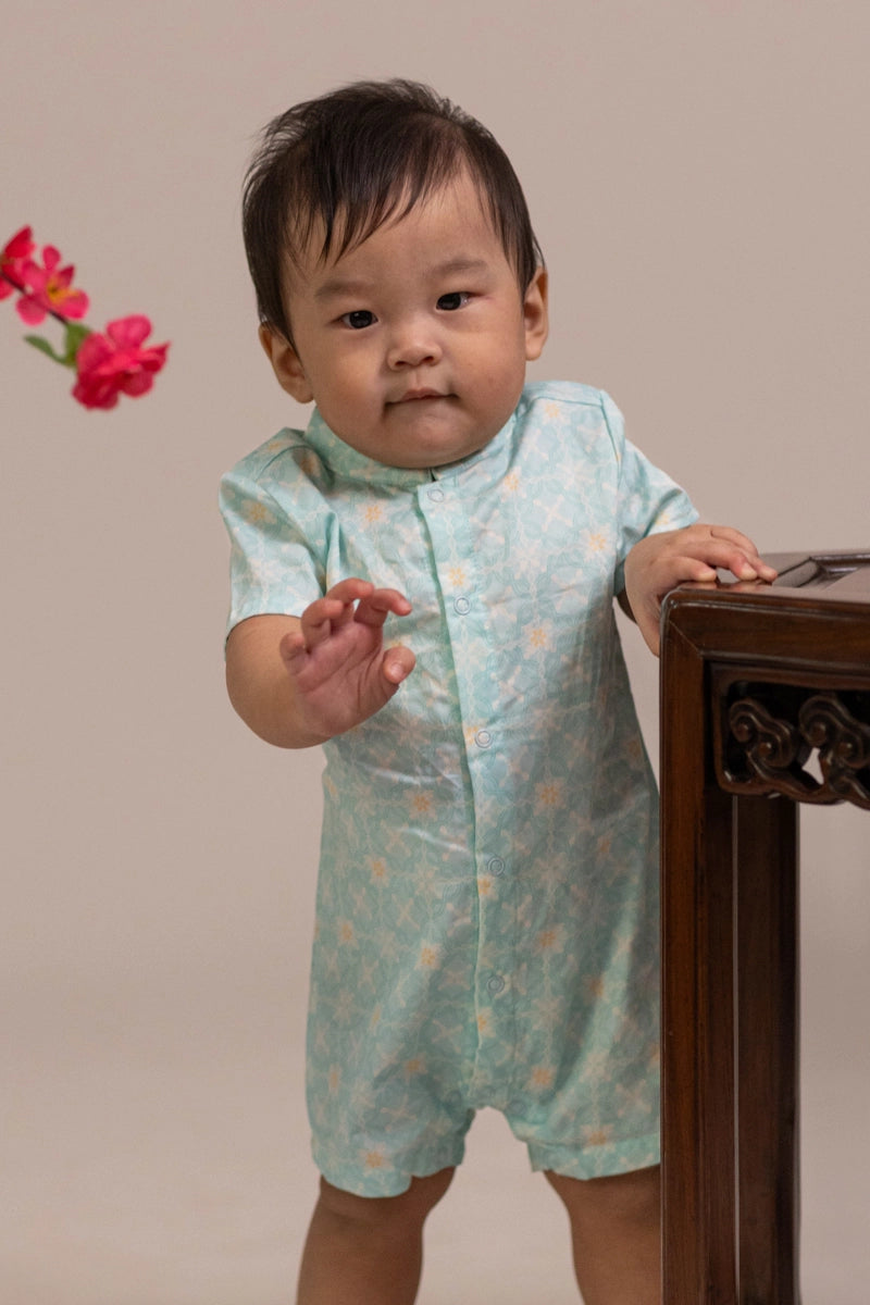 Mandarin-collared Romper - Teal Plaid Tiles