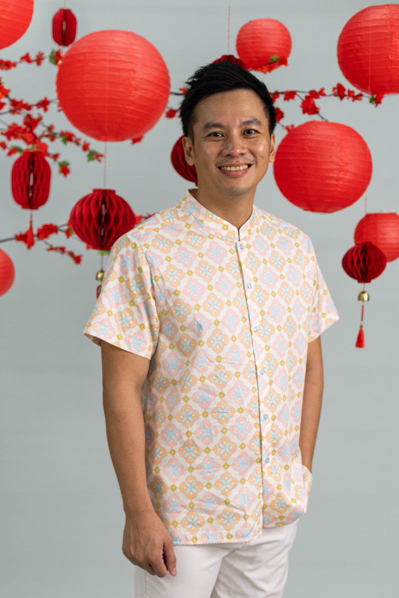 Men's Mandarin-collared Shirt - Cream Lucky Coins