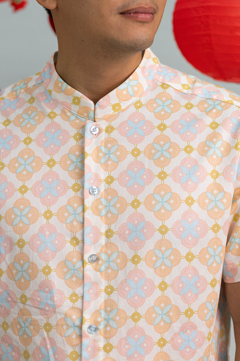 Men's Mandarin-collared Shirt - Cream Lucky Coins