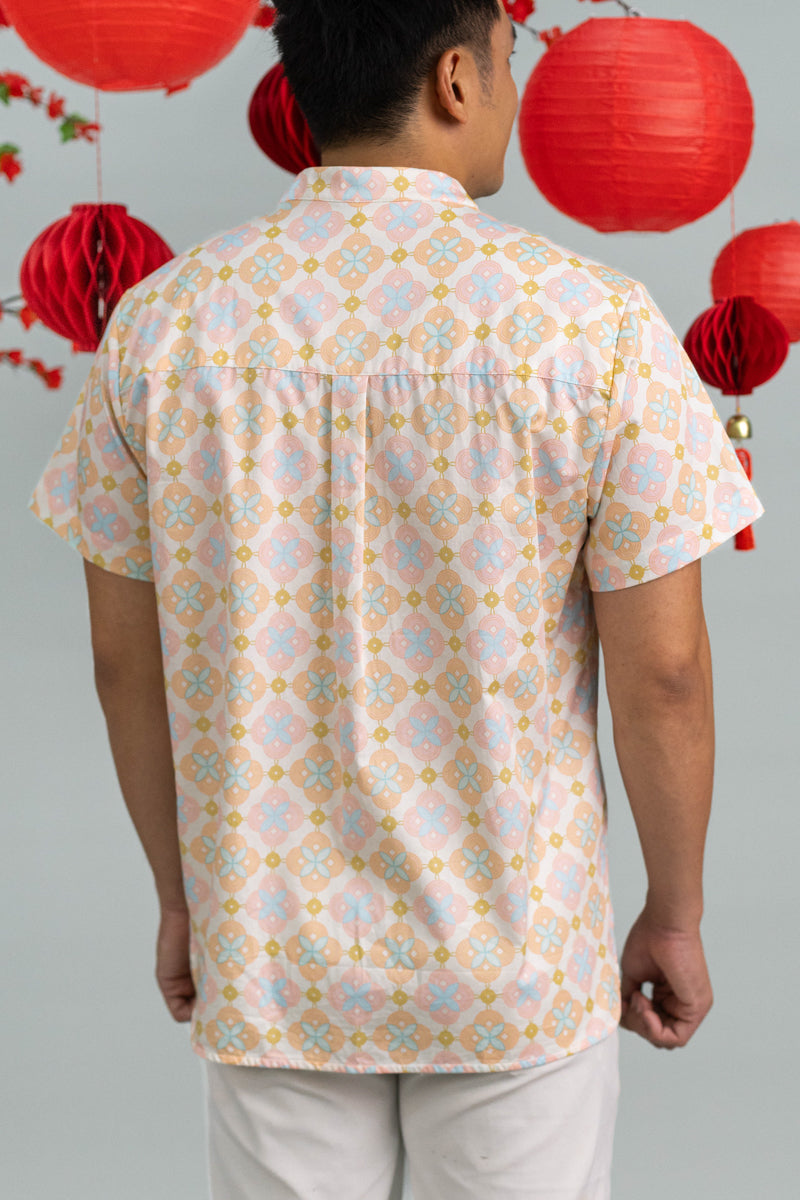 Men's Mandarin-collared Shirt - Cream Lucky Coins