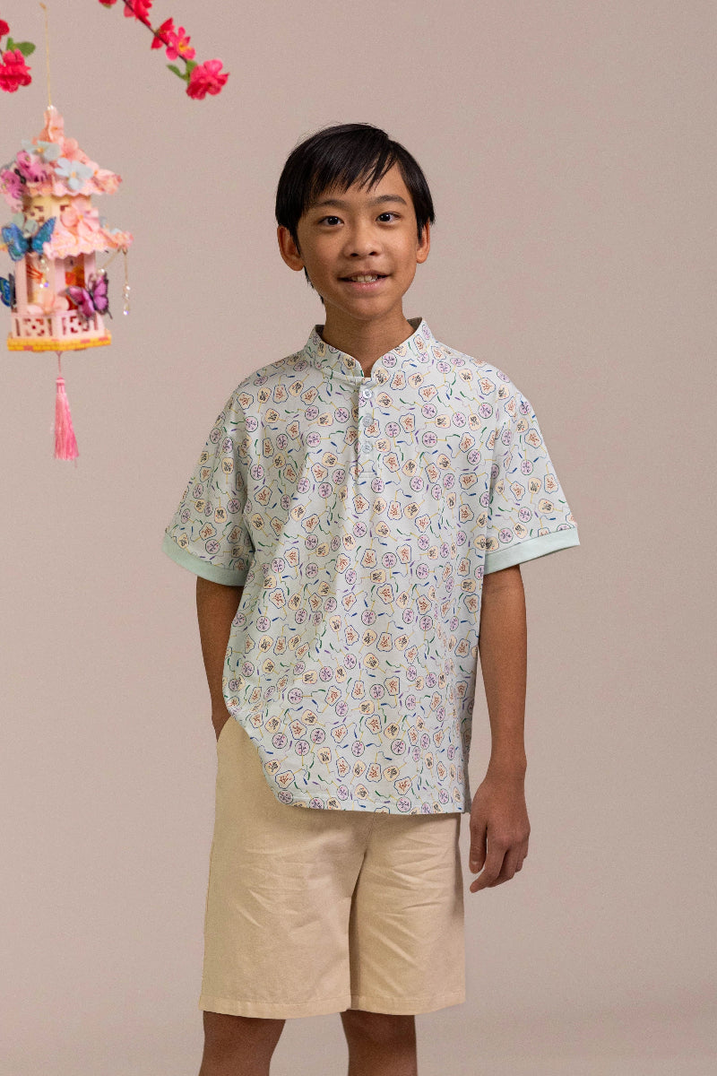 Mandarin-collared Polo Tee - Blue Fans