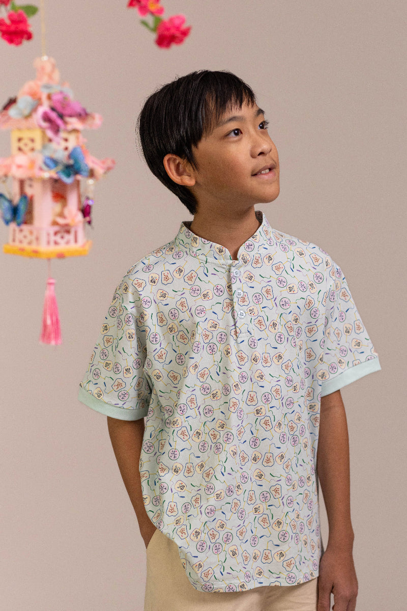 Mandarin-collared Polo Tee - Blue Fans