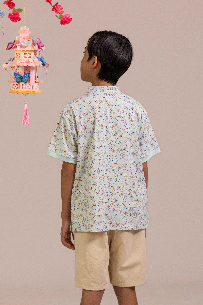 Mandarin-collared Polo Tee - Blue Fans