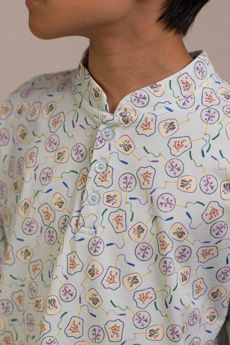 Mandarin-collared Polo Tee - Blue Fans