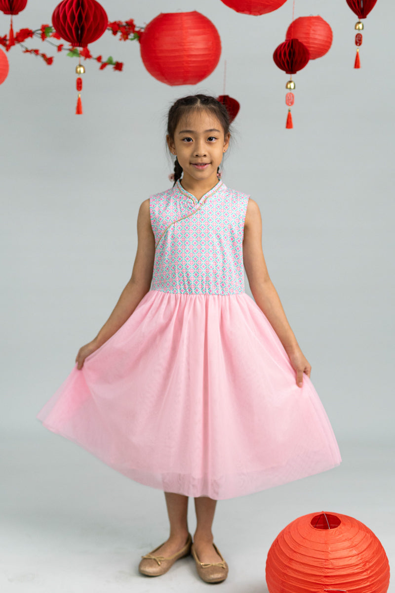 Flare Tulle Cheongsam - Pink Teal Mosaic