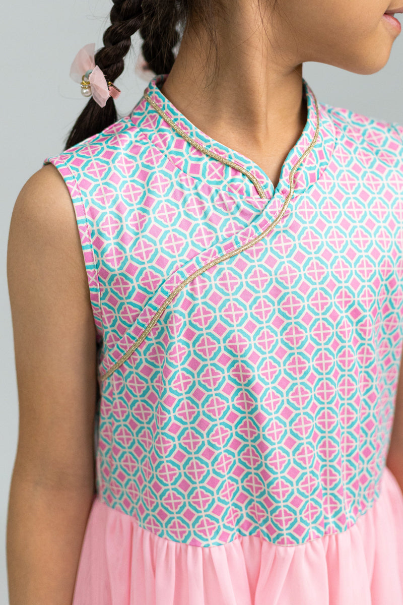 Flare Tulle Cheongsam - Pink Teal Mosaic
