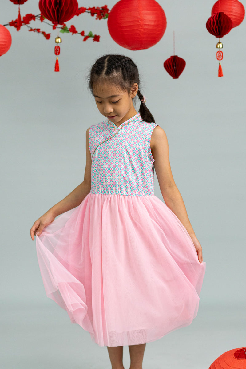 Flare Tulle Cheongsam - Pink Teal Mosaic