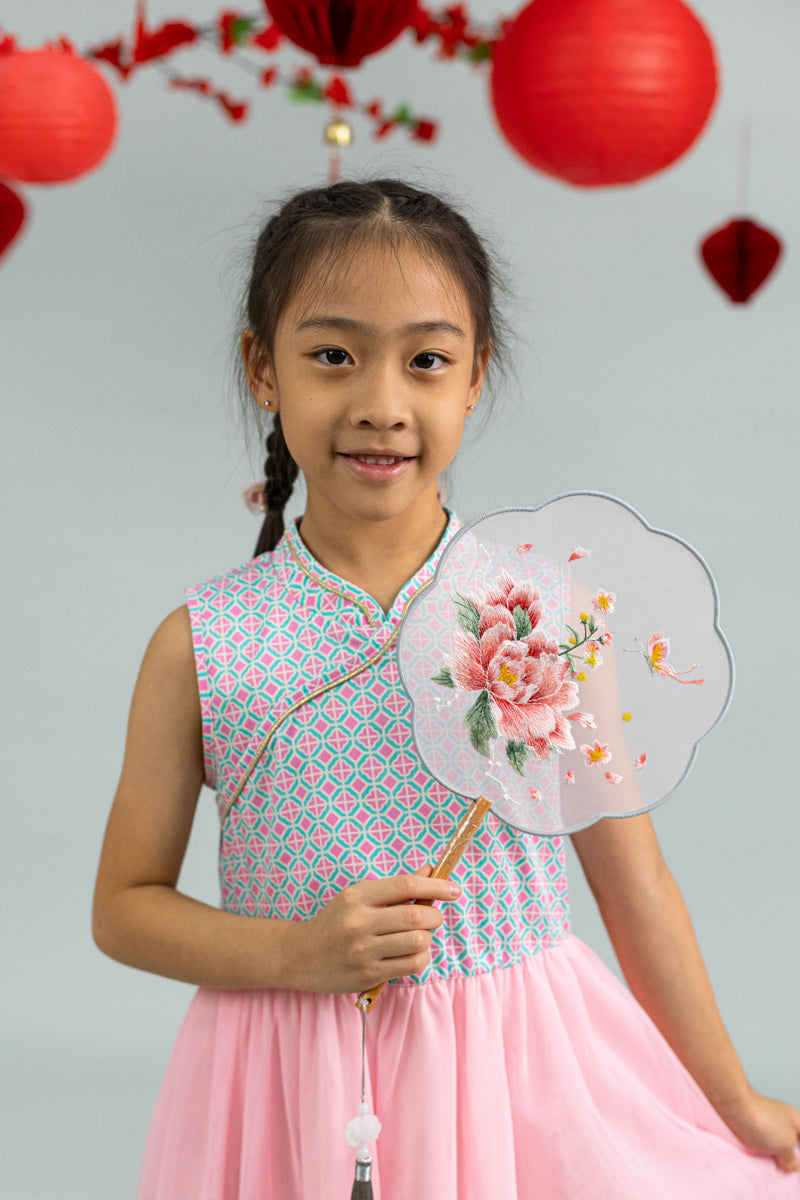 Flare Tulle Cheongsam - Pink Teal Mosaic