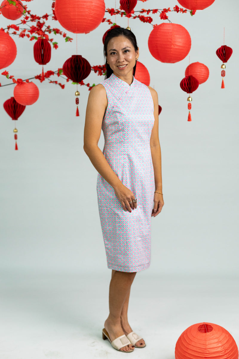 Ladies Mini Peony Cheongsam - Pink Teal Mosaic