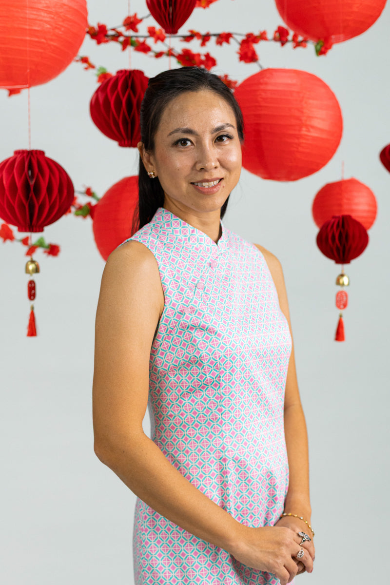 Ladies Mini Peony Cheongsam - Pink Teal Mosaic