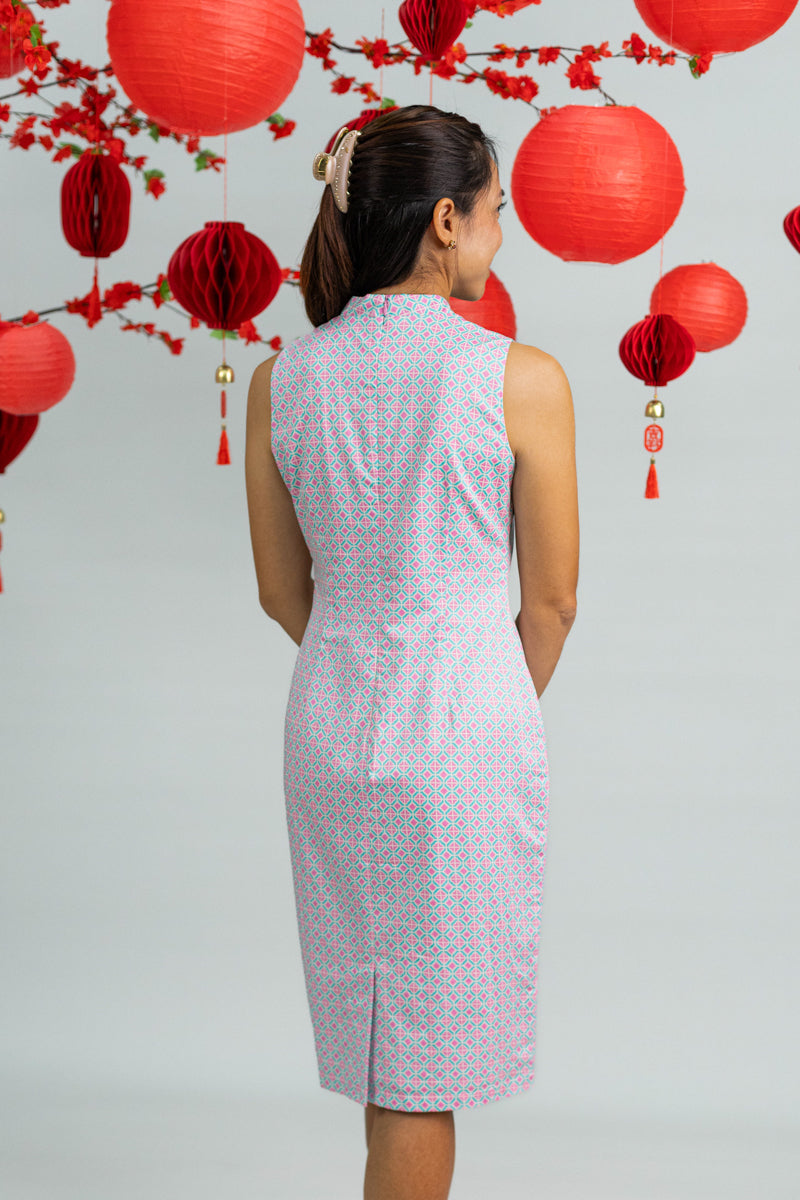 Ladies Mini Peony Cheongsam - Pink Teal Mosaic