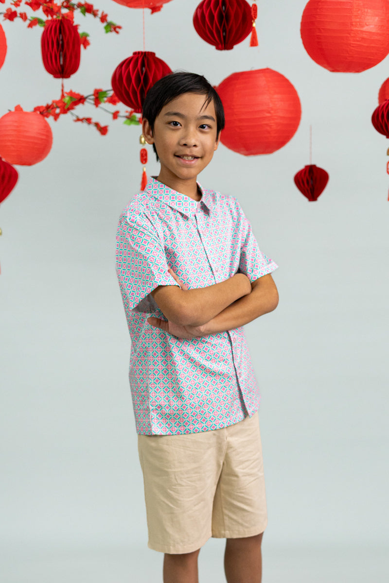 Little Man Shirt - Pink Teal Mosaic