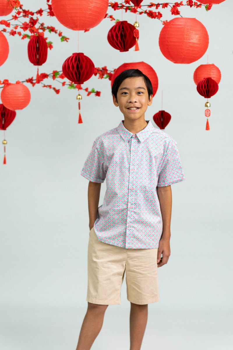 Little Man Shirt - Pink Teal Mosaic