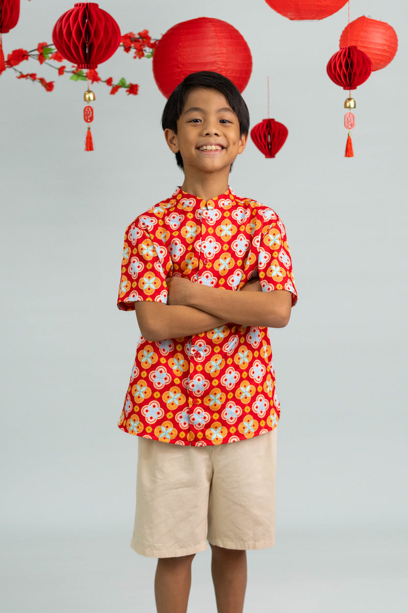 Mandarin-collared Shirt - Red Lucky Coins