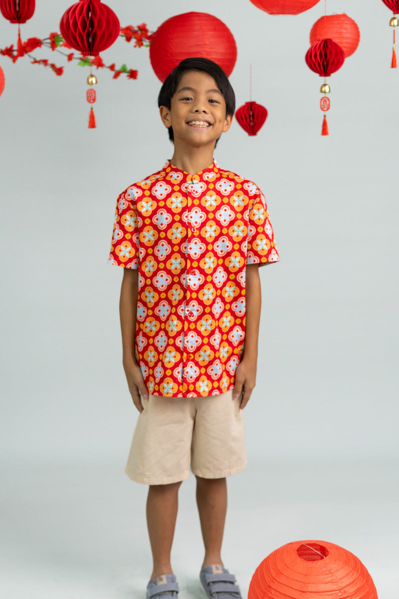 Mandarin-collared Shirt - Red Lucky Coins