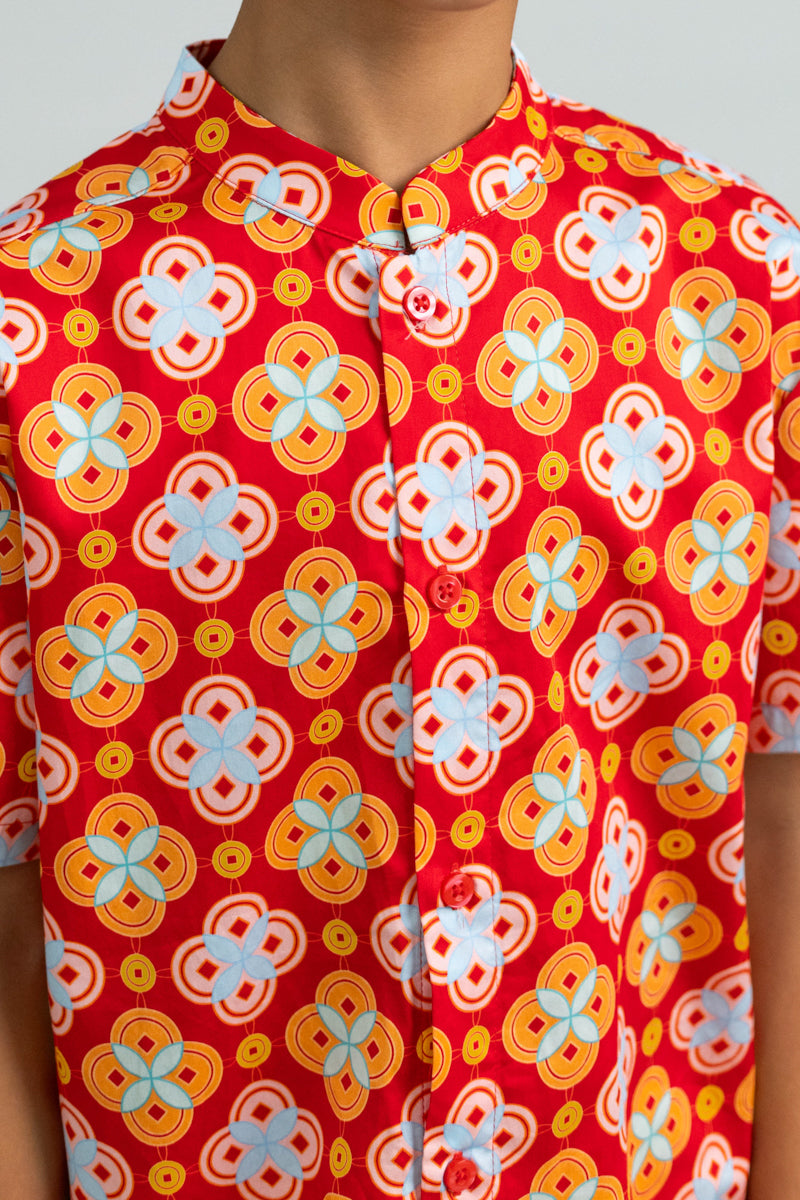 Mandarin-collared Shirt - Red Lucky Coins