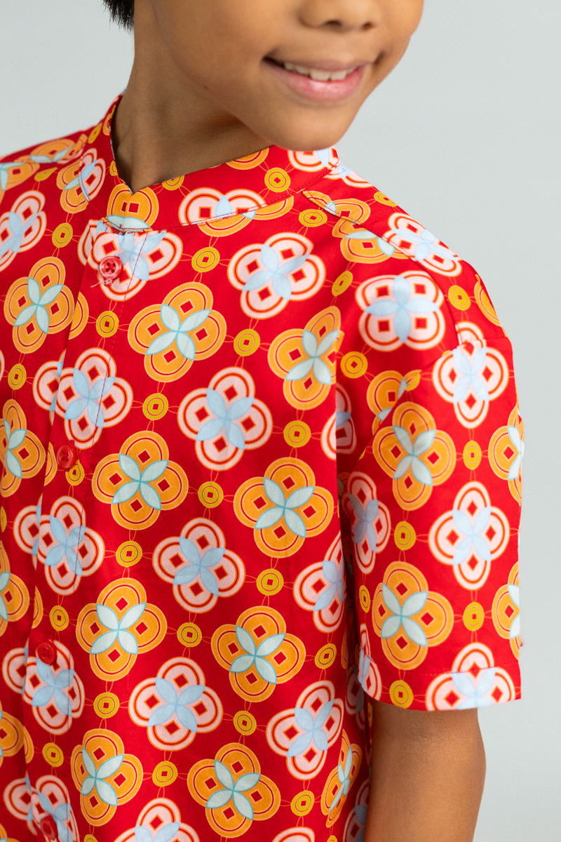 Mandarin-collared Shirt - Red Lucky Coins