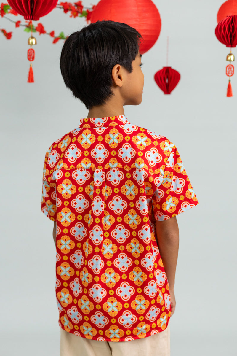 Mandarin-collared Shirt - Red Lucky Coins