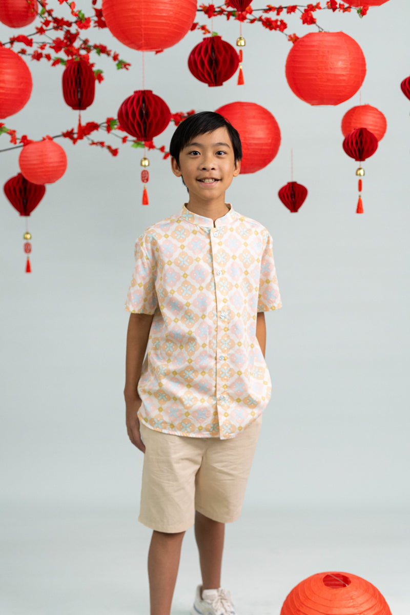 Mandarin-collared Shirt - Cream Lucky Coins