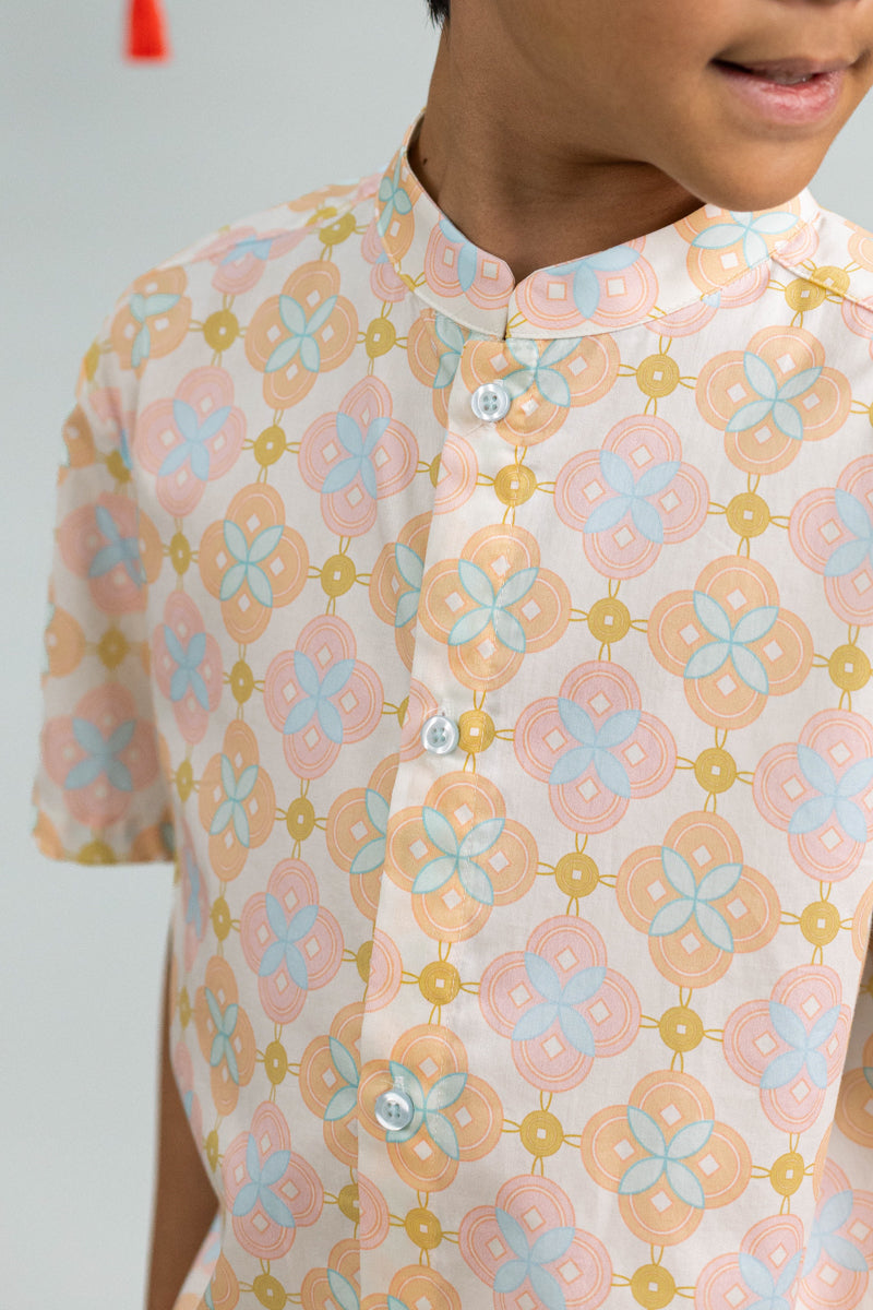 Mandarin-collared Shirt - Cream Lucky Coins