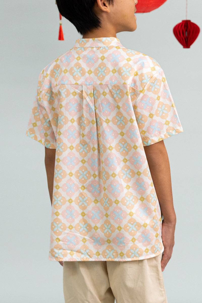 Mandarin-collared Shirt - Cream Lucky Coins