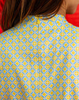 Ladies Peony Fitted Top - Yellow Blue Mosaic