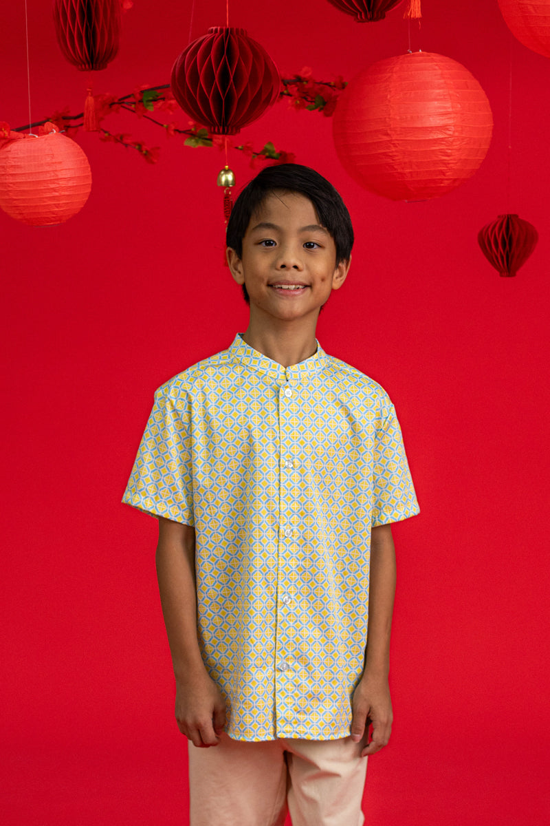 Mandarin-collared Shirt - Yellow Blue Mosaic