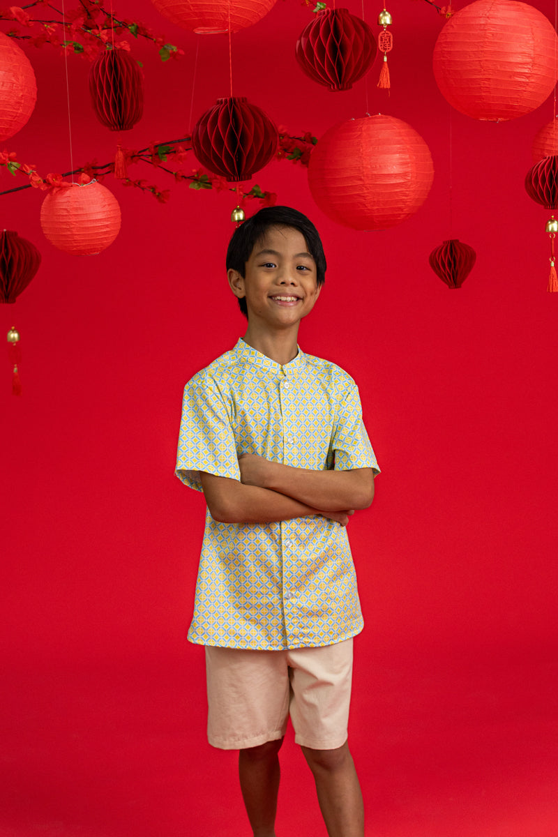 Mandarin-collared Shirt - Yellow Blue Mosaic