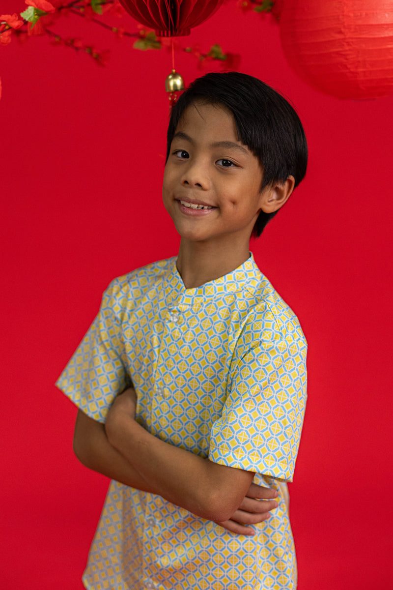 Mandarin-collared Shirt - Yellow Blue Mosaic