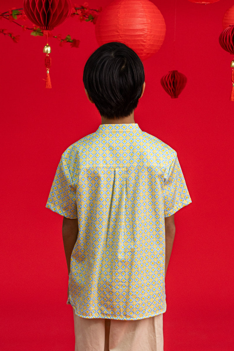 Mandarin-collared Shirt - Yellow Blue Mosaic