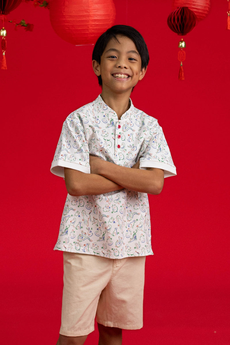 Mandarin-collared Polo Tee - Zodiac Mahjong