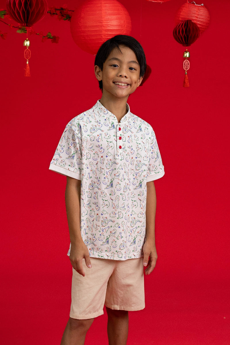 Mandarin-collared Polo Tee - Zodiac Mahjong