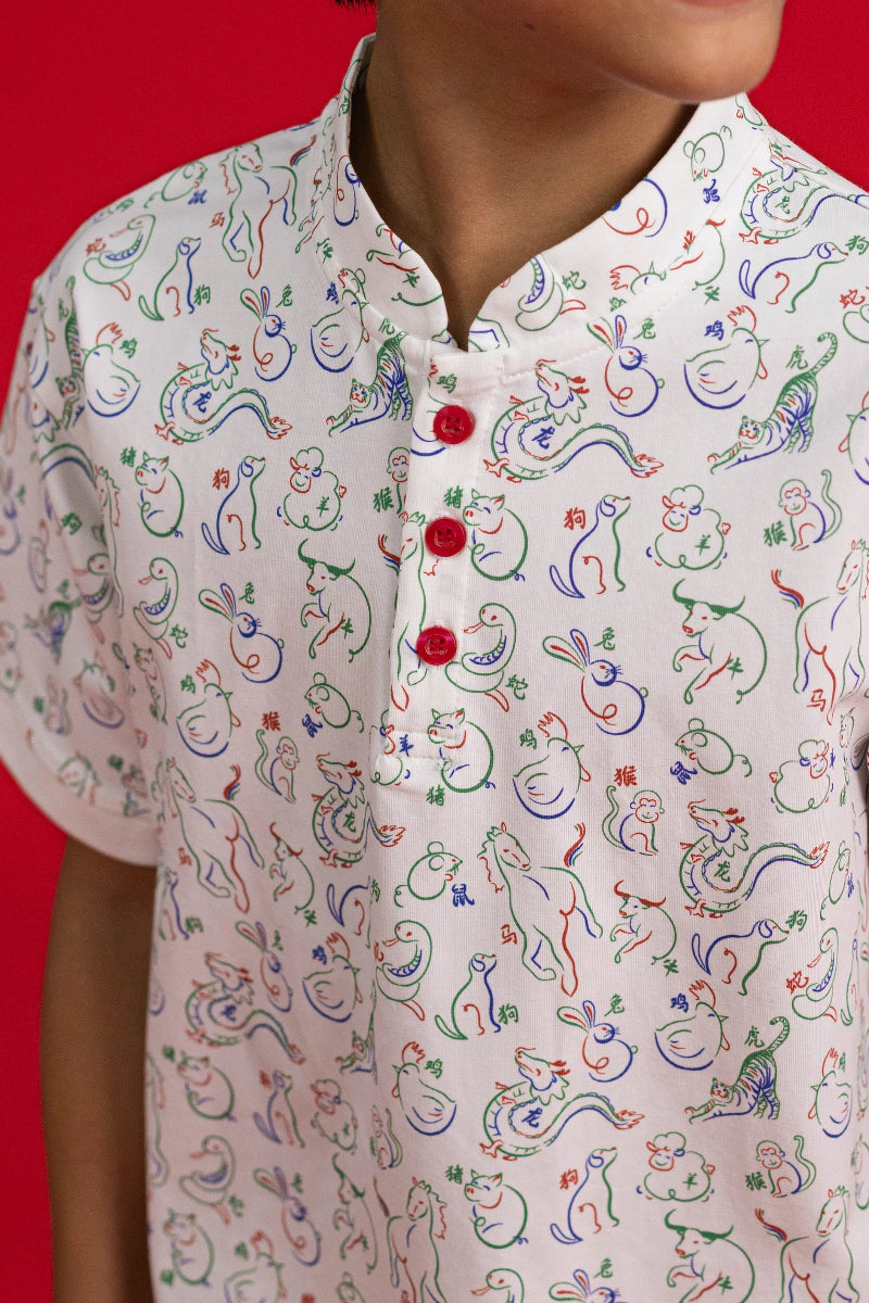 Mandarin-collared Polo Tee - Zodiac Mahjong