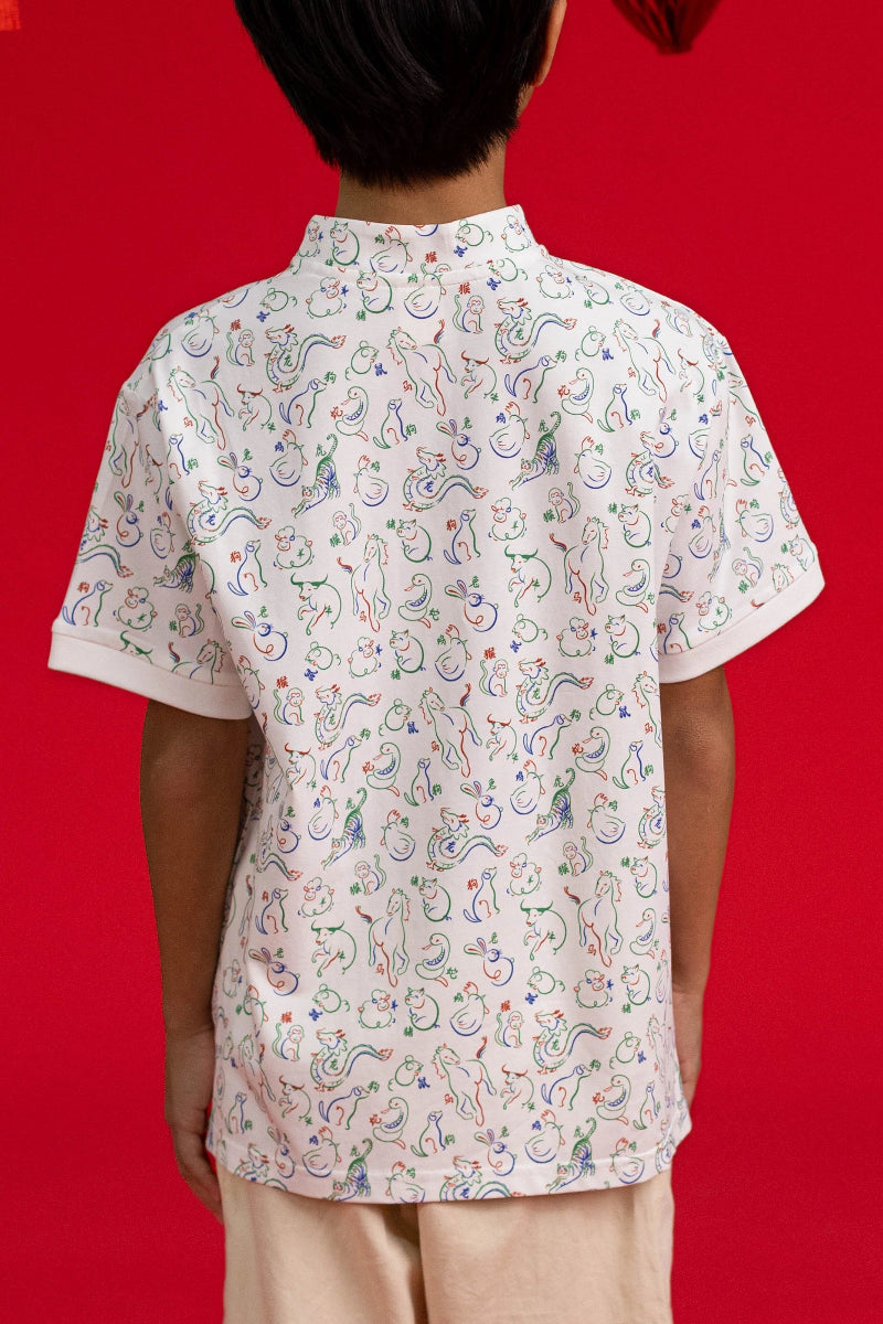 Mandarin-collared Polo Tee - Zodiac Mahjong