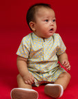 Mandarin-collared Romper - Yellow Blue Mosaic