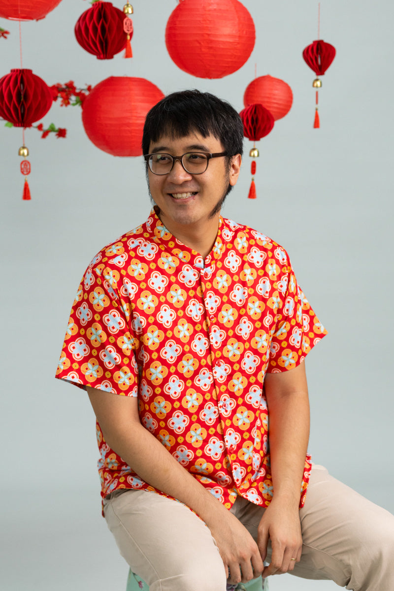 Men's Mandarin-collared Shirt - Red Lucky Coins