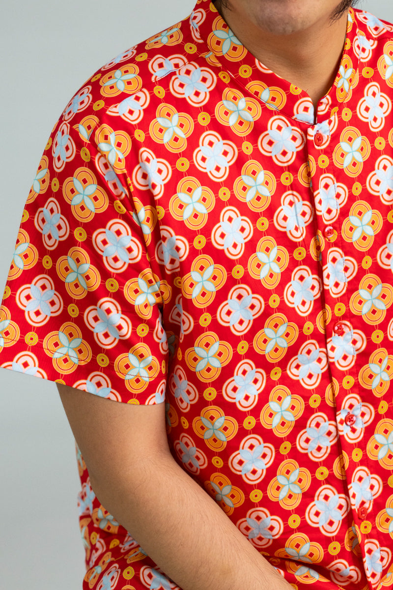 Men's Mandarin-collared Shirt - Red Lucky Coins