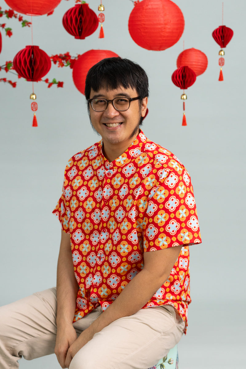Men's Mandarin-collared Shirt - Red Lucky Coins