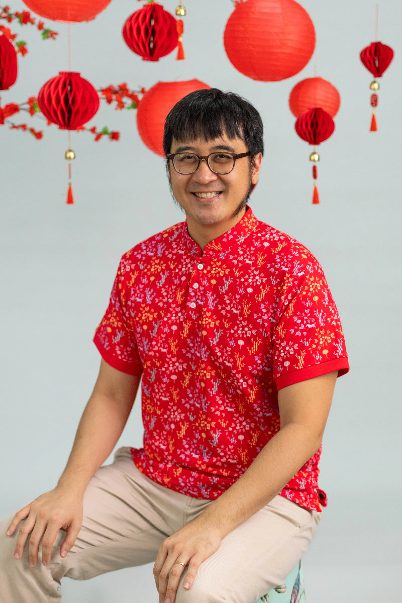 Men's Mandarin-collared Polo Tee - Red Floral Bamboo