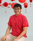 Men's Mandarin-collared Polo Tee - Red Floral Bamboo