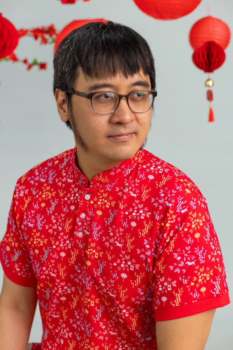 Men's Mandarin-collared Polo Tee - Red Floral Bamboo