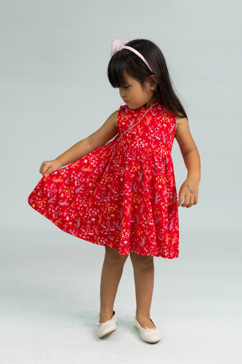 Jersey Flare Cheongsam - Red Floral Bamboo