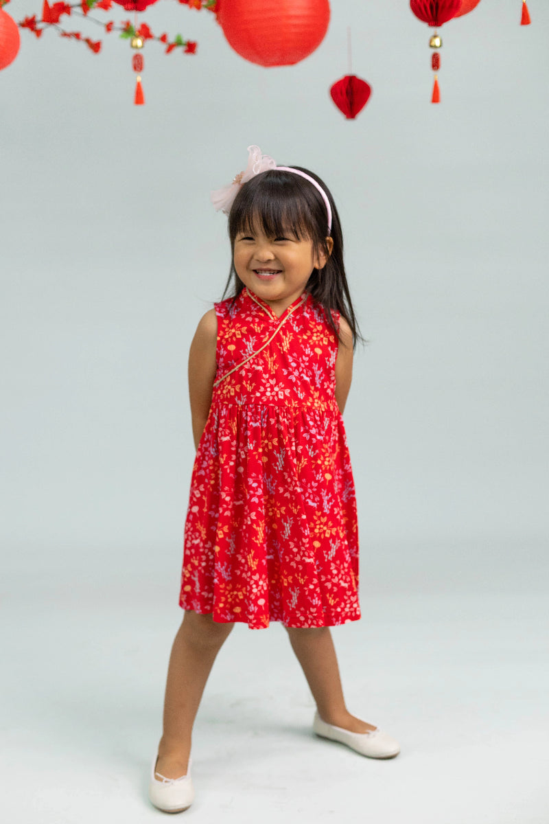 Jersey Flare Cheongsam - Red Floral Bamboo