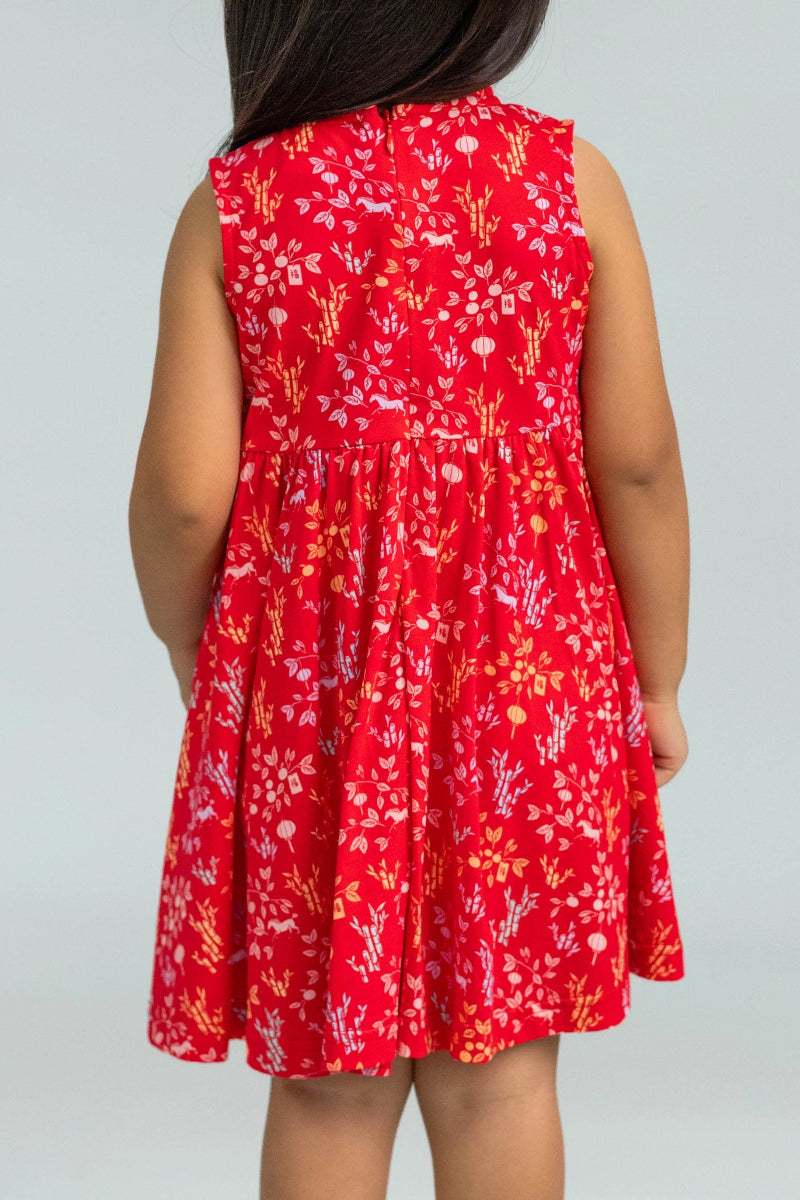 Jersey Flare Cheongsam - Red Floral Bamboo