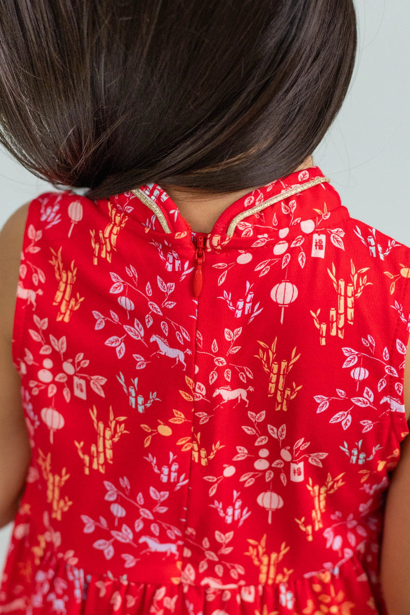 Jersey Flare Cheongsam - Red Floral Bamboo