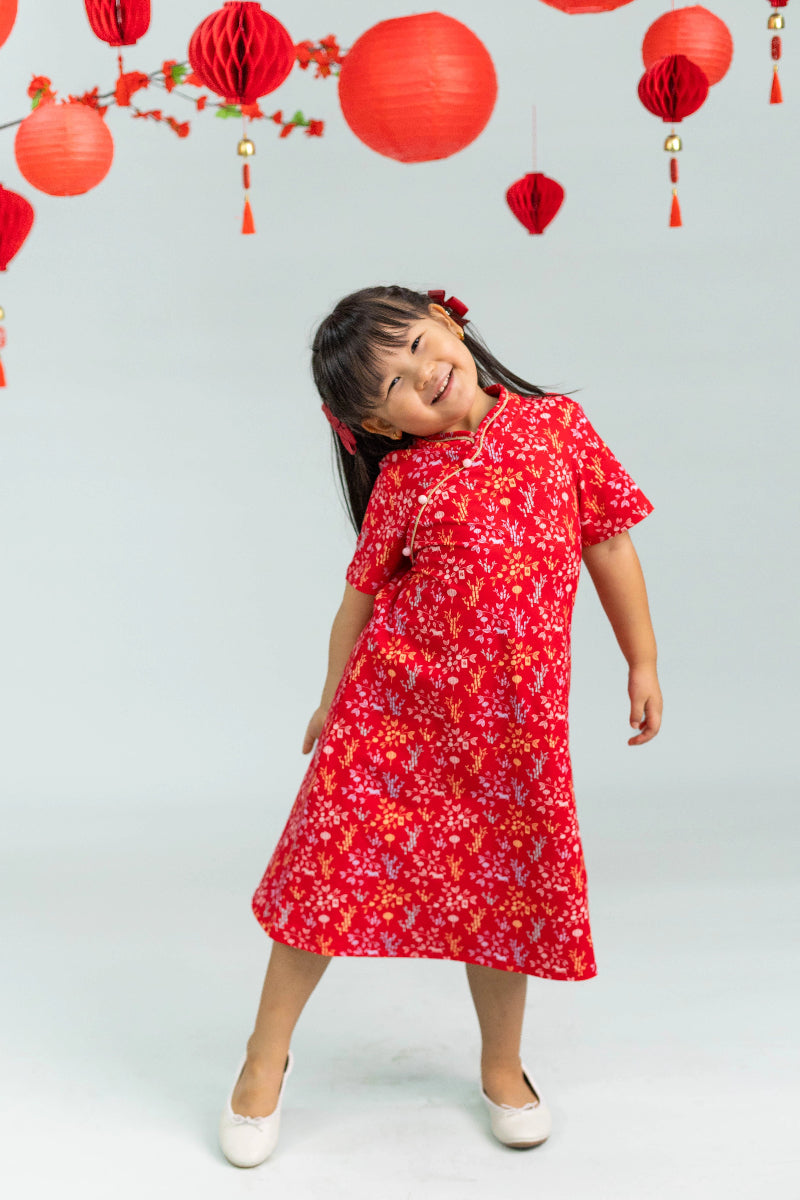 Jersey Wendy Cheongsam - Red Floral Bamboo
