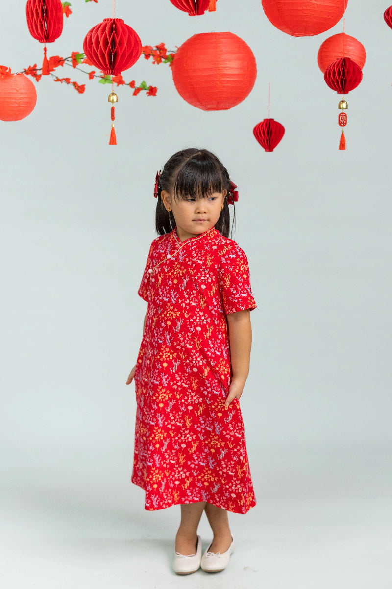 Jersey Wendy Cheongsam - Red Floral Bamboo